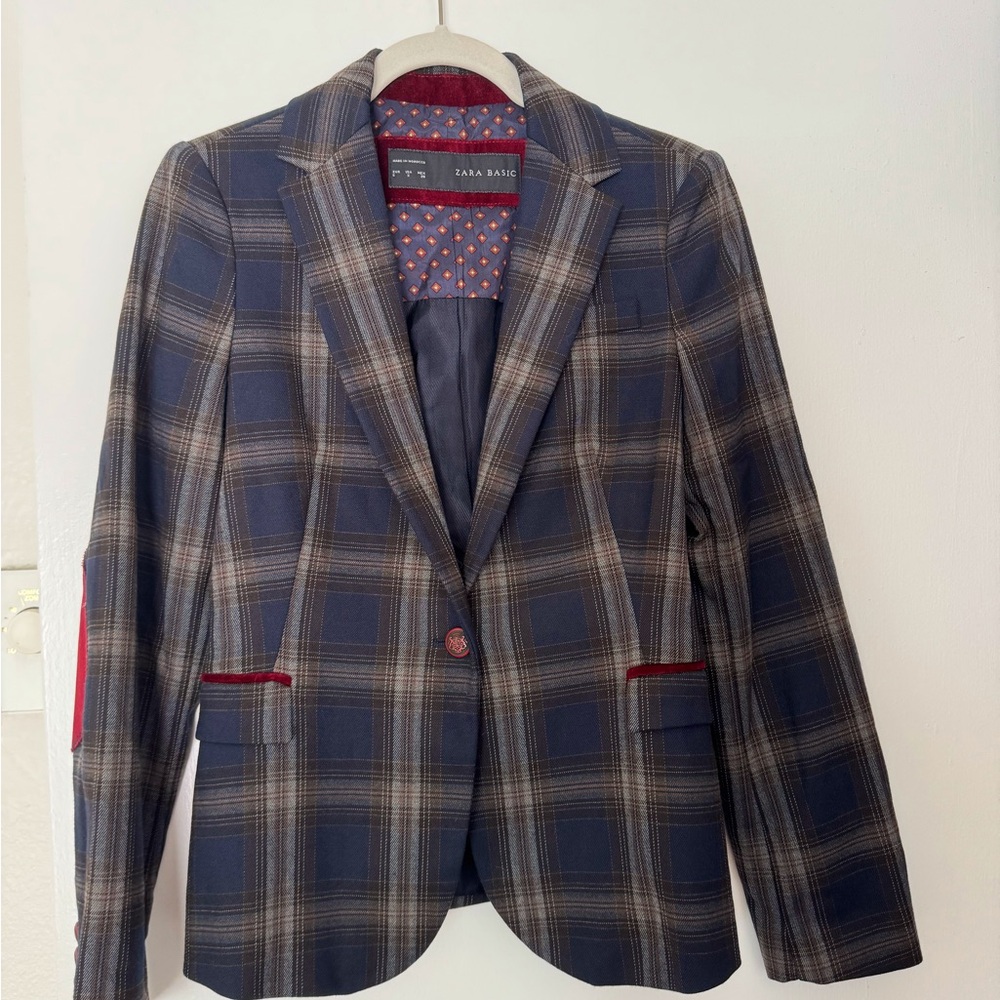 Zara Navy Blue Plaid w/Burgundy Velvet Accent Blazer Sz. Small